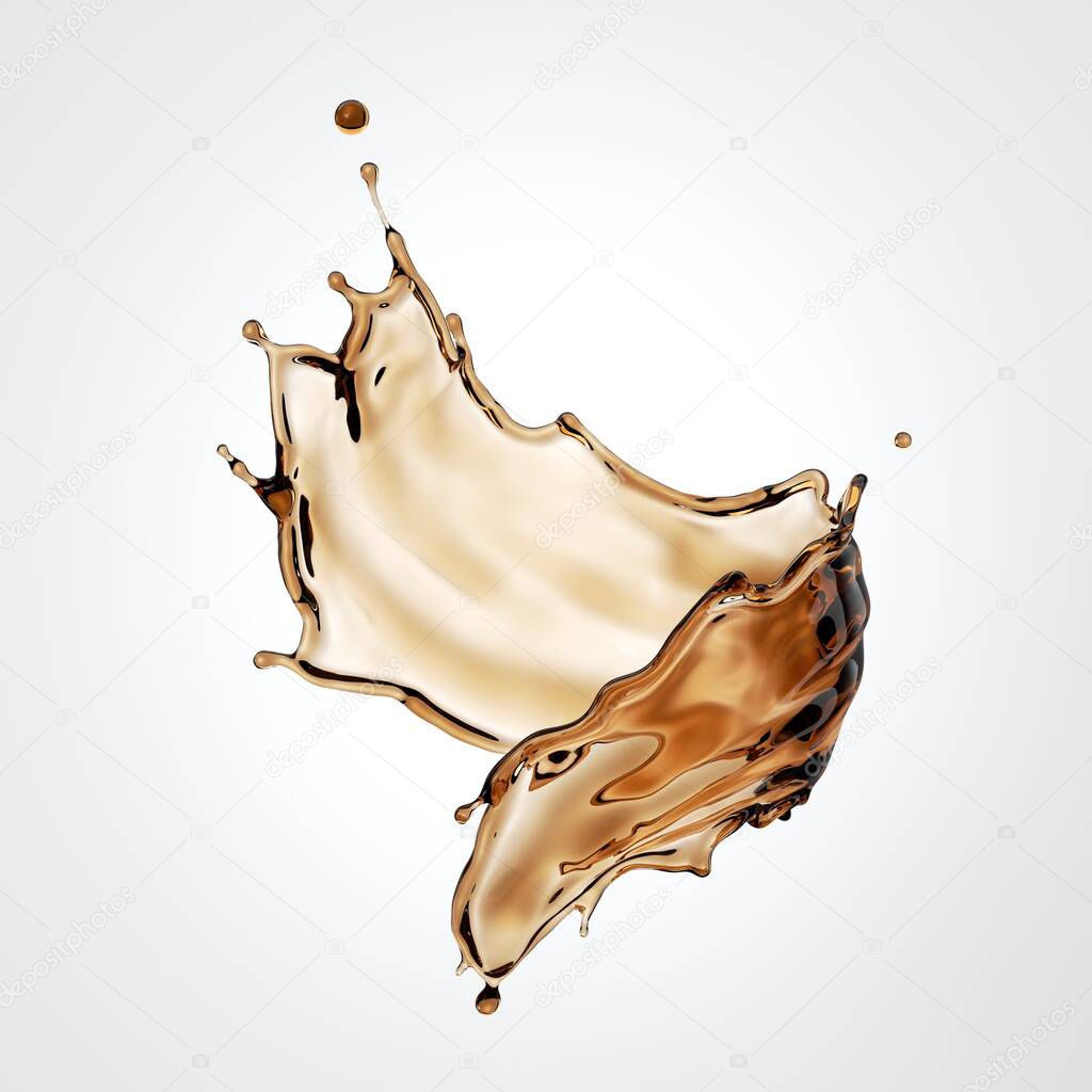 3d render, tea or coffee liquid splash, brown liquid wavy jet, splashing wave clip art isolated on white background.