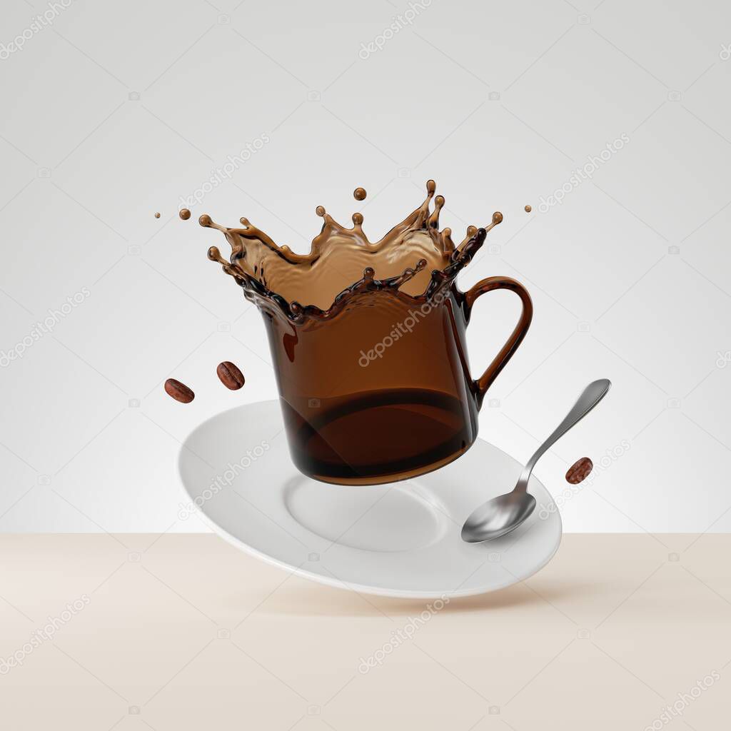 3d render, falling cup of black coffee or tea with silver spoon and porcelain saucer. Brown liquid splash, splashing drink, clip art isolated on white background