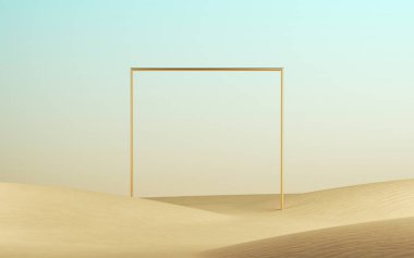 3D görüntüleme, soyut çöl manzarası altın kare çerçeveli, modern kum tepecikleri ve basit geometrik şekilli arkaplan