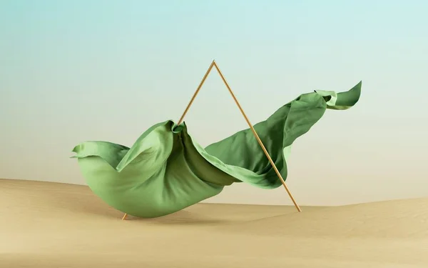 Render Abstracte Modeachtergrond Met Vliegende Groene Gordijnen Gouden Driehoekige Geometrische — Stockfoto