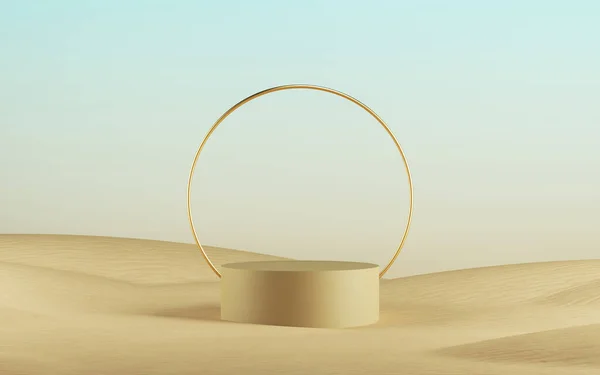 Weergave Van Moderne Minimale Cilindrische Podium Met Gouden Ronde Frame — Stockfoto