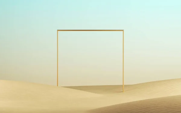 3Dレンダリング 黄金の正方形のフレームを持つ抽象的な砂漠の風景 砂丘とシンプルな幾何学的な形状を持つ現代的な最小限の背景 — ストック写真