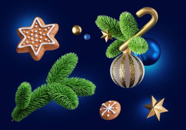 3D görüntüleme, mavi arka planda izole edilmiş bir Noel klibi seti. Şenlikli dekor, süsler, yeşil ladin, cam toplar ve zencefilli kurabiye.