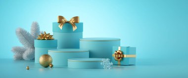 3 boyutlu görüntüleme. Boş kürsülü Noel afişi, hediye kutuları ve süslemeleri, nane mavisi arka planda izole edilmiş. Ürün sunumu için modern minimal gösterim