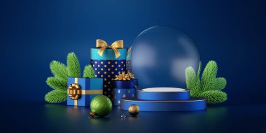 Noel mavisi arka plan, boş cam kar topu, hediye kutuları, yeşil ladin ve şenlikli süsler. Yatay satış afişi şablonu. 3d hazırlayıcı