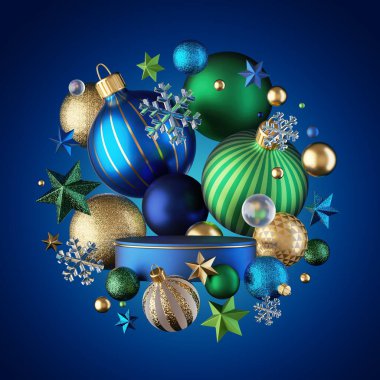 3D görüntüleme, çeşitli Noel süsleri, mavi yeşil altın cam toplar, yıldızlar ve kar taneleri. Ürün sunumu için boş podyum. Neşeli arkaplan