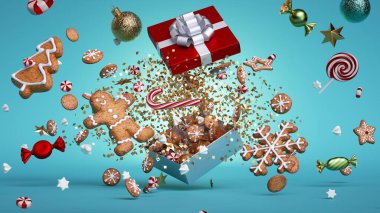 3D görüntü, Noel illüstrasyonu. Şenlikli altın konfetiler, zencefilli kurabiyeler, şekerler ve toplar mavi arka planda izole edilmiş, patlamış hediye kutusundan uçuyor. Nesneler havada uçuyor