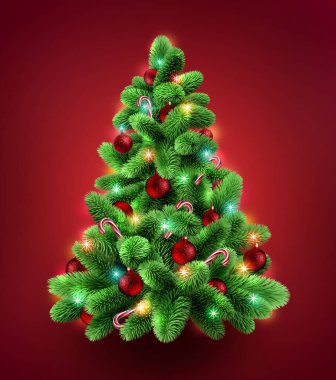 3D işlemeli, süslü Noel ağacı. Sonsuz yeşil ladin dalları, şenlikli süsler ve renkli ışıklar, kırmızı arka planda izole edilmiş mevsimlik klipler. Tebrik kartı