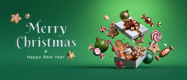 3D渲染 圣诞贺卡 装有打开的礼品盒 装饰有节日装饰品 玻璃球 姜饼人 糖果和饼干 与绿色背景隔离 寒假横幅 — 图库照片