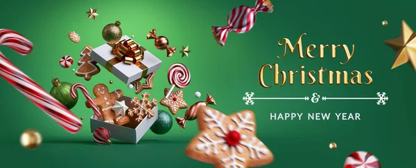 3D渲染 圣诞贺卡 上面有糖果 姜饼饼干和节日装饰品 从打开的礼品盒中飞出来 与绿色背景隔离 寒假横幅 — 图库照片