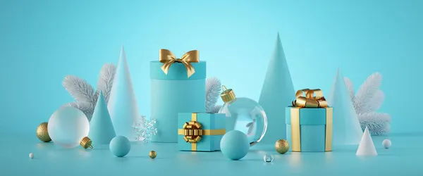 3Dレンダリング クリスマスの装飾品や贈り物とミントブルーの背景 要約冬の休日水平バナー — ストック写真