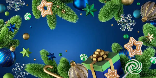 Julbakgrund Med Grankvistar Presentask Festliga Dekorationer Och Prydnadsföremål Blå Vinter — Stockfoto