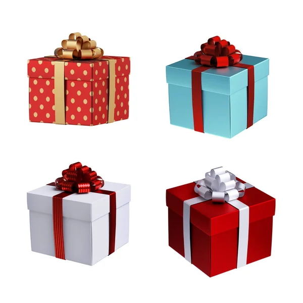 Render Set Scatole Regalo Quadrate Assortite Con Nastro Clip Art — Foto Stock