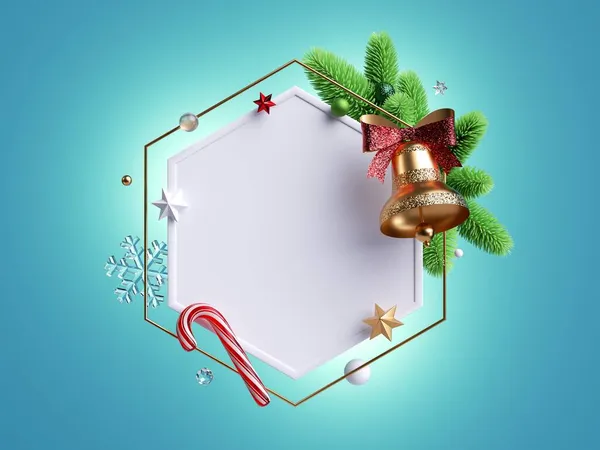 Render Karácsonyi Hatszögletű Keret Üres Hely Díszített Lucfenyő Gallyak Arany — Stock Fotó