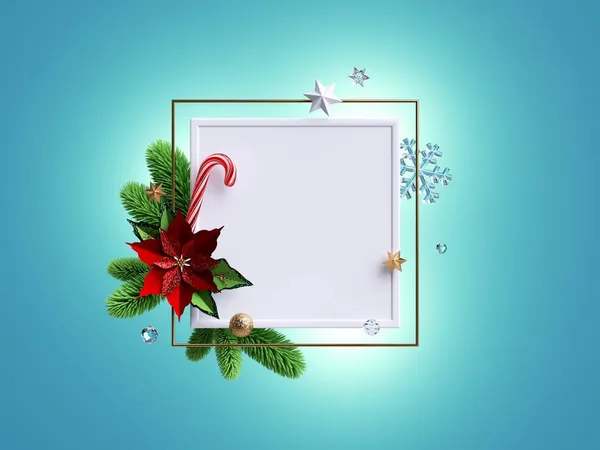 3D渲染 圣诞贺卡 正方形框架 装饰有红豆花 云杉枝条 水晶雪花和节庆装饰品 蓝色背景隔离 — 图库照片
