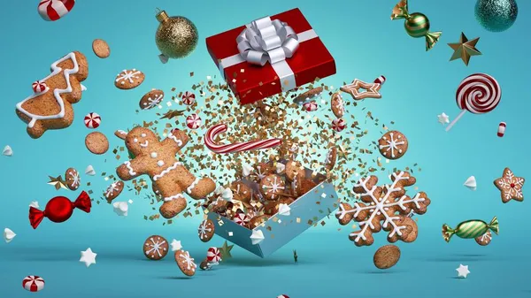 Рендеринг Різдвяна Ілюстрація Святкове Золоте Конфетті Імбирне Печиво Цукерки Кулі — стокове фото