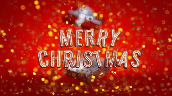 3Dレンダリング メリークリスマスグリーティングカード 赤い背景にお祝いのテキスト ジンジャーブレッドクッキー文字コンフェッティとボケライト — ストック写真