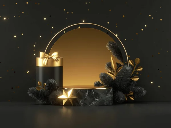 大理石の表彰台と黄金のアーチ ギフトボックス スプルースの小枝とコンフェッティで飾られた空のステージと3Dレンダリング 抽象的なクリスマスブラックの背景 黒金曜日販売のための製品プレゼンテーションショーケース — ストック写真