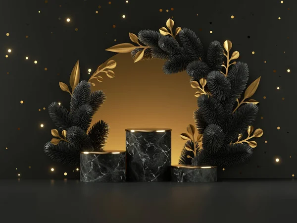 Maken Zwart Goud Nieuwjaar Achtergrond Met Lege Marmeren Sokkel Podium — Stockfoto