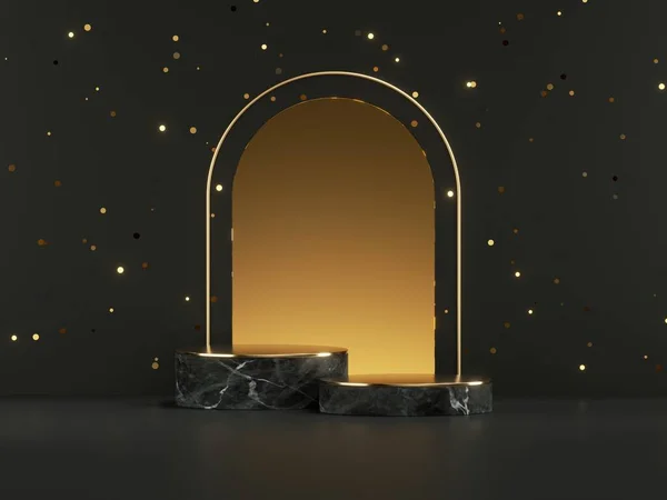 3d render, abstract minimal black gold background with marble pedestals and golden arch, empty stage with golden confetti. Product presentation showcase mockup for black friday sale