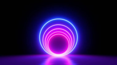 3D görüntüleme, soyut modern minimal arkaplan ve karanlıkta parlayan neon halkalar. Boş sahne, ürün sunumu için boş yuvarlak çerçeveli vitrin
