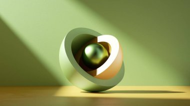 3D soyut modern arkaplan, metalik çekirdek top sarı yeşil yarımküre kabuğunda saklı nesneler, basit tasarım yığınları