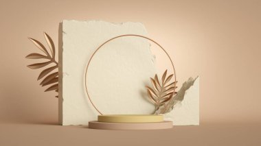 3D görüntüleme, taş kalıntıları, yuvarlak çerçeve, boş podyum ve pastel arka planda izole edilmiş tropikal yaprak ile soyut arkaplan. Ürün sunumu için modern minimal vitrin sahnesi