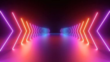 3d render, gradyan parlayan neon oklar, soyut geniş arkaplan, yön kavramı