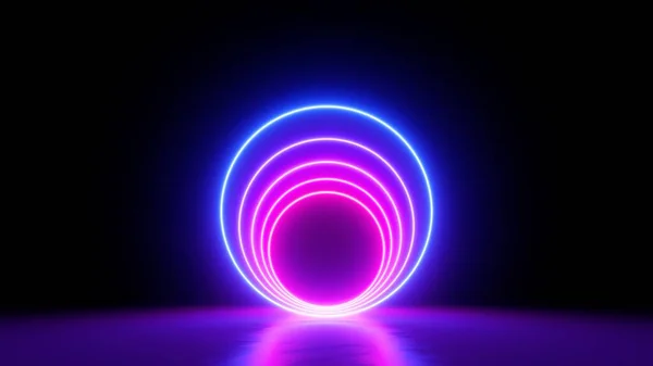 Render Elvont Modern Minimális Háttér Neon Gyűrűk Világít Sötétben Üres — Stock Fotó