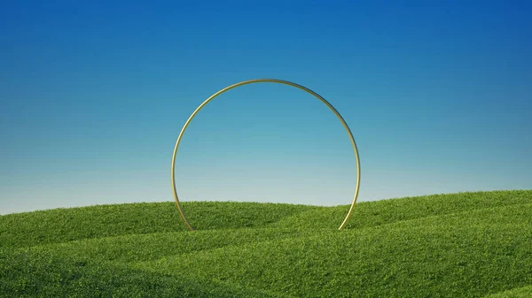 3Dレンダリング パノラマの風景 青い空の下で緑の芝生と丸い黄金のフレームを持つ抽象的な背景 現代最小ショーケースシーン — ストック写真