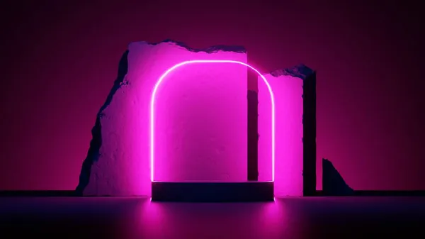 Render Fondo Rosa Abstracto Con Arco Neón Brillante Rocas Piedra —  Fotos de Stock