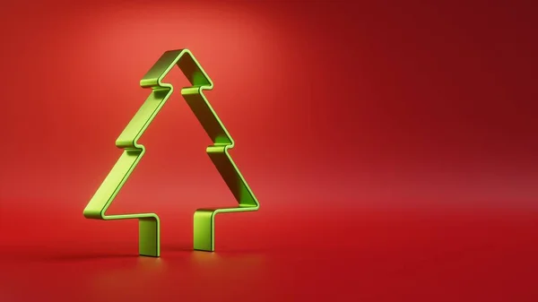 Render Geometrisk Grønn Juletreform Isolert Rød Bakgrunn Moderne Minimumsmagasin – stockfoto