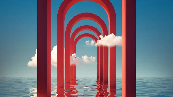 Render Fondo Moderno Abstracto Con Nubes Blancas Arcos Rojos Redondos — Foto de Stock