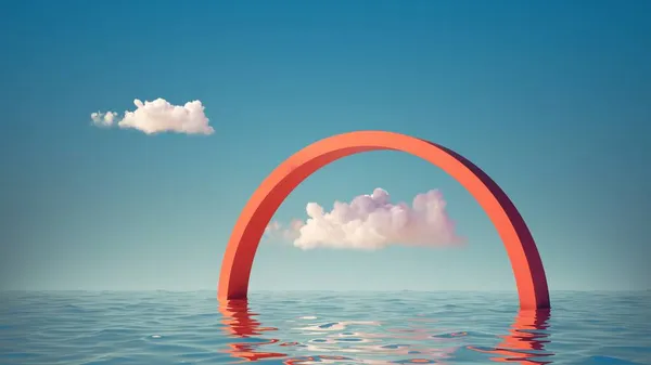 Render Surreal Desert Seascape Red Arch White Clouds Blue Sky — Stock Photo, Image