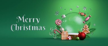 3 boyutlu görüntüleme. Noel yeşili arka plan, içi boş cam top maketi, şenlikli süslemelerle süslenmiş. Tebrik mesajlı kış tatili kartı. Yatay Yeni Yıl duvar kağıdı