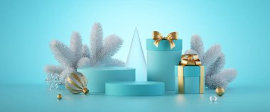 3 boyutlu görüntüleme. Noel süsleri ve hediye kutularının olduğu soyut bir sahne, nane mavisi arka planda izole edilmiş. Ürün sunumu için boş podyumu olan bir gösteri. Kutlamalı yatay pankart