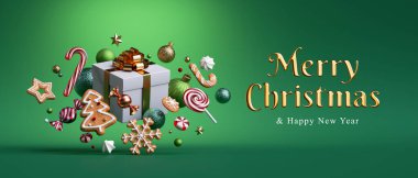 3D görüntüleme, mutlu noel tebrik kartı içinde altın metin ve süslemeli hediye kutusu, yeşil arka planda izole edilmiş. Kutlamalı yatay pankart