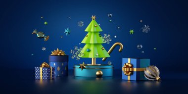 3 boyutlu görüntüleme. Noel ağacı, bayram süsleri ve mavi arka planda izole edilmiş hediye kutuları.