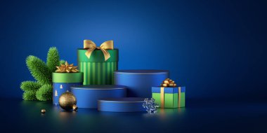 3 boyutlu görüntüleme. Hediye kutuları, yeşil ladin, Noel süsleri, koyu mavi arka planda izole edilmiş. Kış tatili tebrik kartı şablonu. Ürün sunumu için boş podyumu olan mevsimlik vitrin