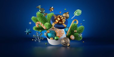 3 boyutlu görüntüleme. Noel ağacı yeşili ladin, tatil süsleri ve mavi arka planda izole edilmiş hediye kutusu.