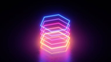 3 boyutlu görüntüleme. Basit altıgen geometrik şekillere sahip soyut neon arkaplan, koyu renkli spektrum çizgileri