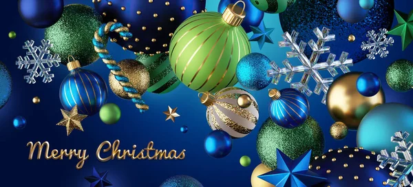3D渲染 圣诞快乐贺卡与金脚本文字和各种玻璃球和装饰品 孤立在蓝色背景 横向节日横幅 — 图库照片