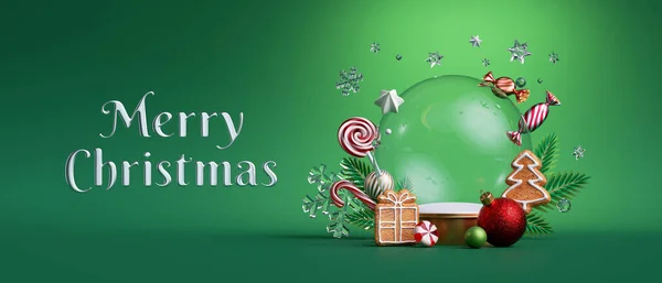 3D渲染 圣诞绿色背景与空玻璃球模型 装饰节日装饰品 寒假卡上有问候语 横向新年壁纸 — 图库照片