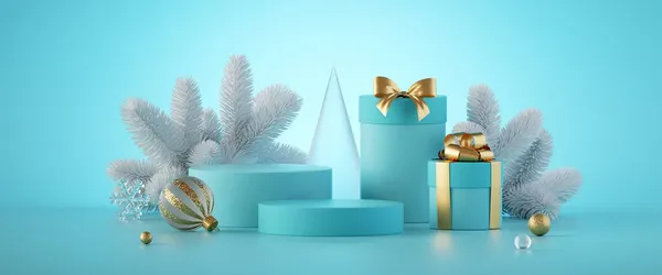 Καθιστούν Αφηρημένη Σκηνή Χριστουγεννιάτικα Στολίδια Και Κουτιά Δώρων Απομονωμένη Μπλε — Φωτογραφία Αρχείου