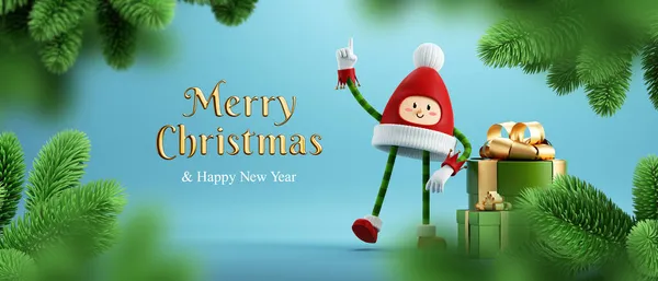 Renderowania Wesołych Świąt Kartka Cute Postać Kreskówek Elf Pudełka Prezentów — Zdjęcie stockowe