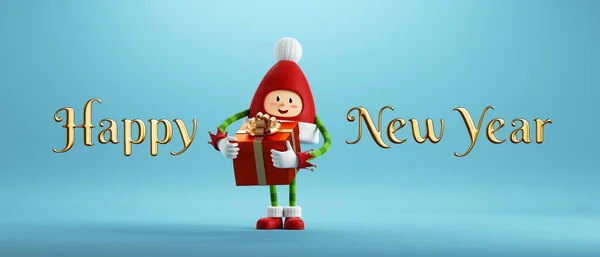 Render Happy New Year Gouden Tekst Feestelijke Mascotte Geïsoleerd Blauwe — Stockfoto