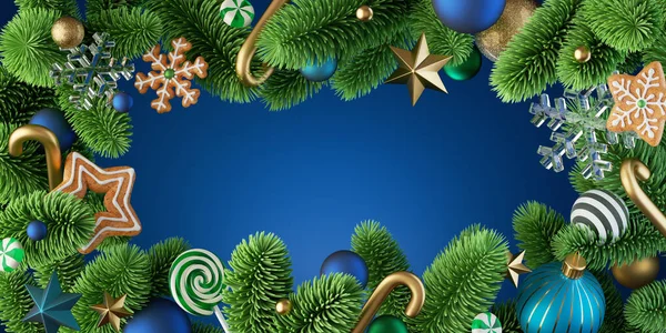 Jultapet Blå Bakgrund Med Grön Gran Ram Dekorerad Med Festliga — Stockfoto