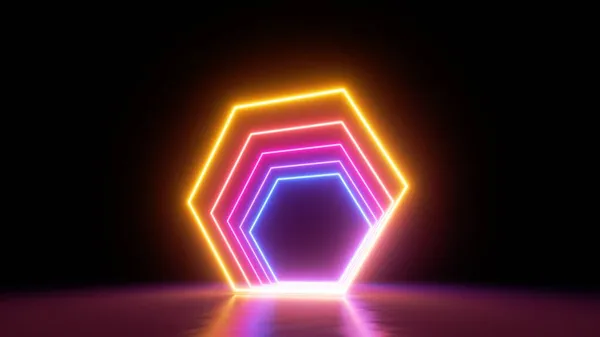 Render Absztrakt Modern Minimális Geometriai Háttér Neon Hatszögletű Formák Világítanak — Stock Fotó