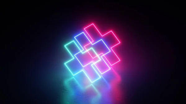 Vykreslení Abstraktní Neonové Geometrické Pozadí Růžové Modré Čáry Zářící Tmě — Stock fotografie