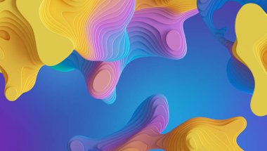 3D render, soyut parlak neon arkaplan hacimli kıvrımlı şekiller ve dalgalı çizgiler. Katmanlı sıvı mermer efektli renkli duvar kağıdı